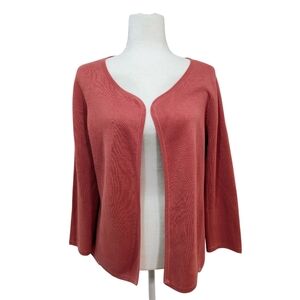 Eileen Fisher Silk & Cotton Blend Full Sleeve Open Front Coral Cardigan - Medium